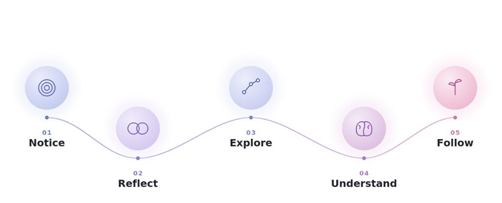 Notice. Reflect. Understand. step flow illustration